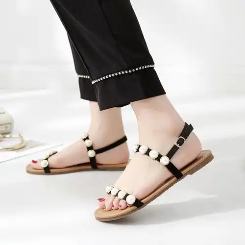 2018夏季新款珍珠女凉鞋平跟女鞋学生软妹罗马百搭一字带平底女鞋