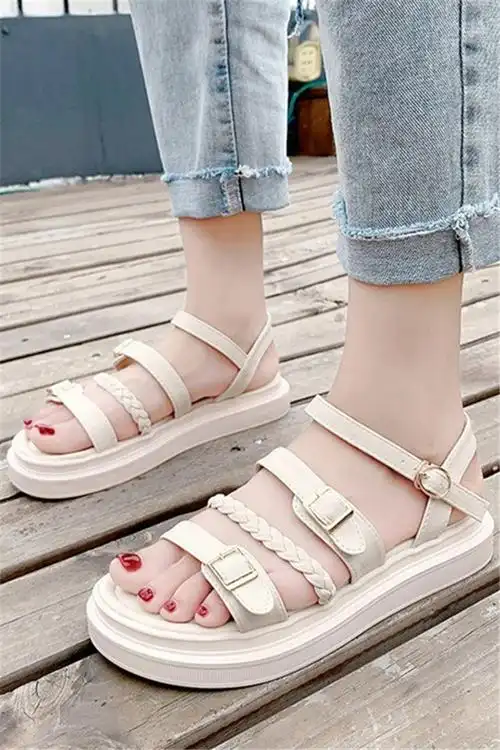 凉鞋女2021年夏季学生平底百搭韩版一字带厚底罗马女鞋ins