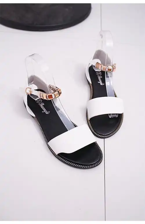 露趾平底凉鞋女2018夏新款韩版复古chic一字扣百搭学生罗马鞋子女