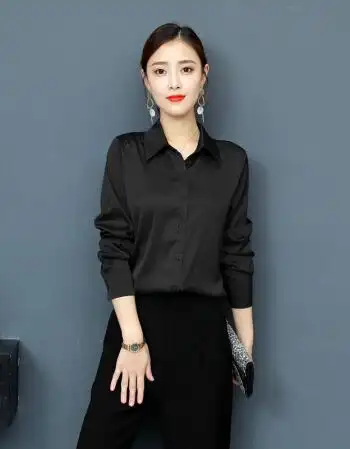 女装 明星同款真丝衬衫女长袖纯色重磅桑蚕丝上衣修身职业衬衣 黑色 s