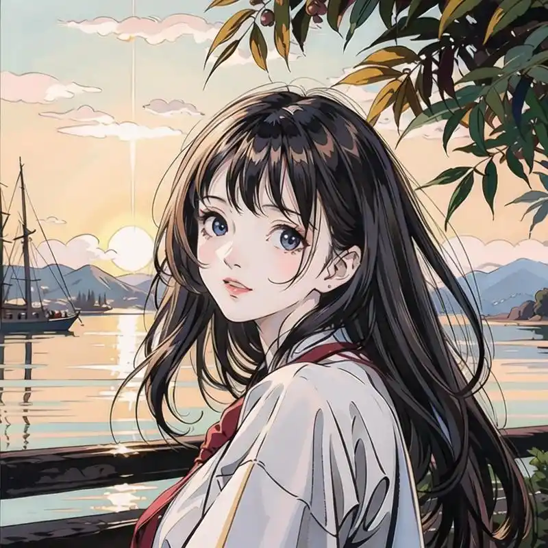 高清插画 - 夕阳下的小女孩